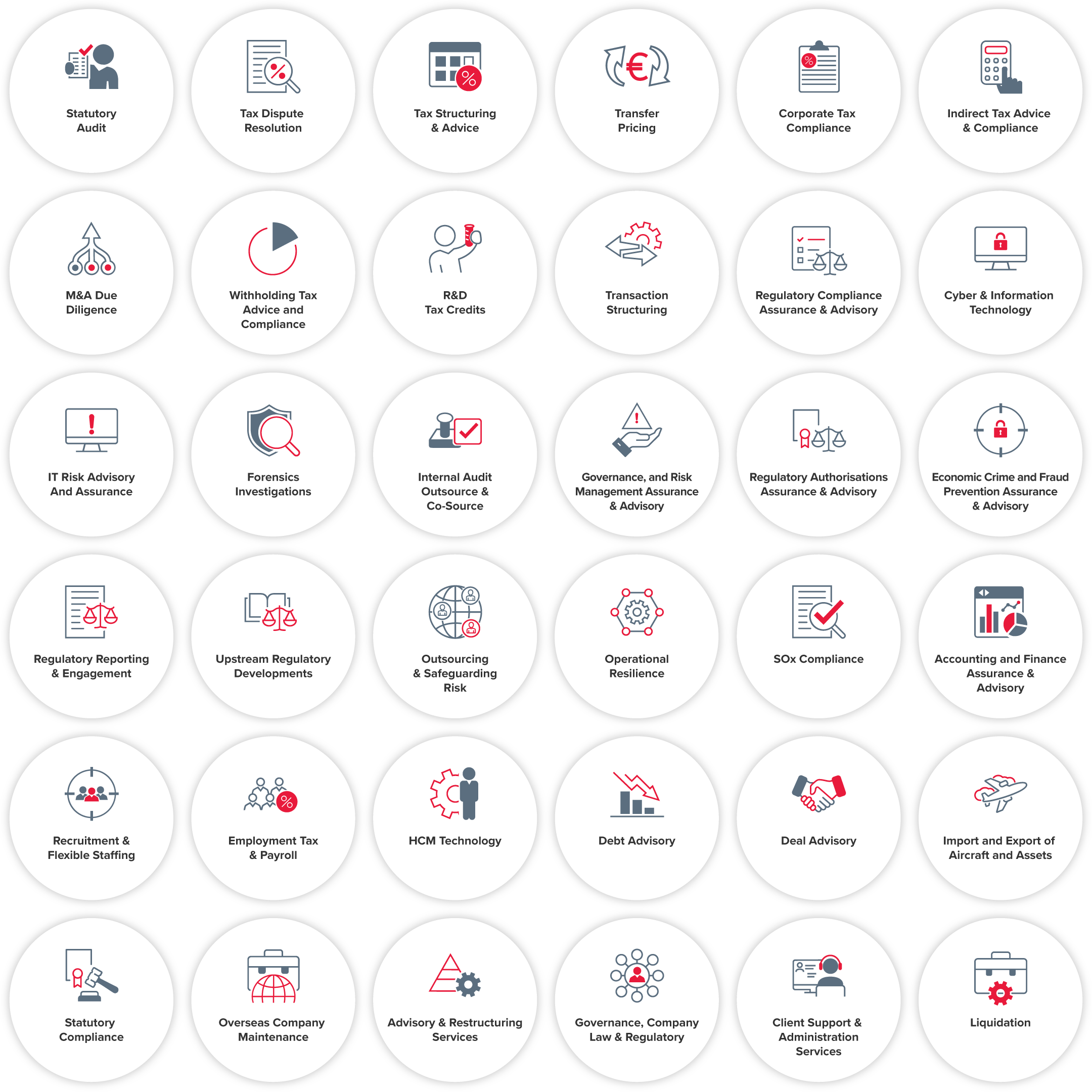 Statutory Audit Tax Dispute Resolution Tax Structuring & Advice Transfer Pricing Corporate Tax Compliance Indirect Tax Advice & Compliance M&A Due Diligence Withholding Tax Advice and Compliance R&D Tax Credits Transaction Structuring Employment Tax Advice Cyber & Information Technology  IT Risk Advisory and Assurance Forensics Investigations  Internal Audit Outsource & Co-Source Governance, and Risk Management Assurance & Advisory Regulatory Compliance & Authorisations Assurance & Advisory Economic Crime and Fraud Prevention Assurance & Advisory Regulatory Reporting & Engagement  Upstream Regulatory Developments Outsourcing & Safeguarding Risk Operational Resilience  SOx Compliance Accounting and Finance Assurance & Advisory Recruitment & Flexible Staffing Employment Tax Payroll HCM Technology Sustainable Performance Import and Export of Aircraft and Assets Statutory Compliance Overseas Company Maintenance Advisory & Restructuring Services Governance, Company Law & Regulatory Client Support & Administration Services Liquidation Deal Advisory Debt Advisory