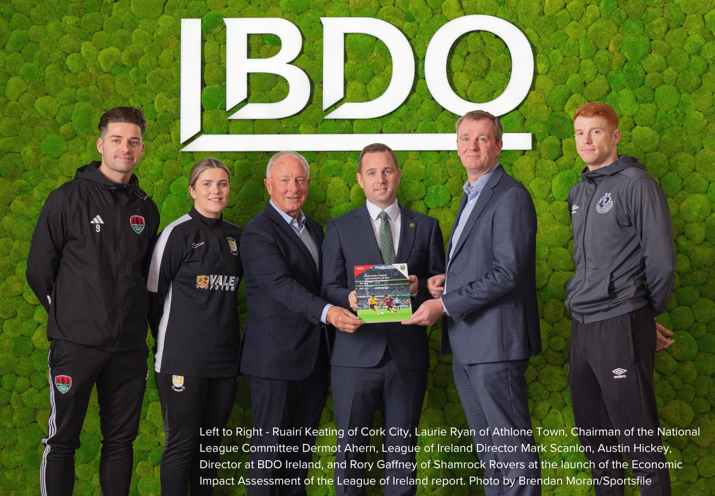 Left to Right - Ruairí Keating of Cork City, Laurie Ryan of Athlone Town, Chairman of the National League Committee Dermot Ahern, League of Ireland Director Mark Scanlon, Austin Hickey, Director at BDO Ireland, and Rory Gaffney of Shamrock Rovers at the launch of the Economic Impact Assessment of the League of Ireland report. Photo by Brendan Moran/Sportsfile